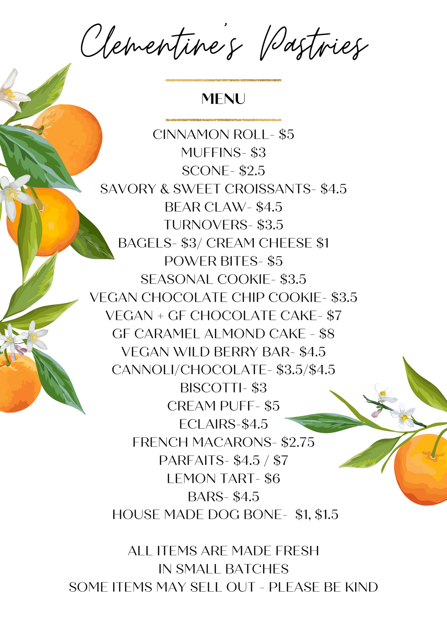 Full Menu Clementine's Pastries